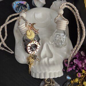 Gold Steampunk Skull Diffuser with a Raven, Gears, Key & Clock Keychain